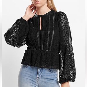NWT Express Elegant Black Lace Peplum Faux Leather Trim Long Sleeve Top Black S